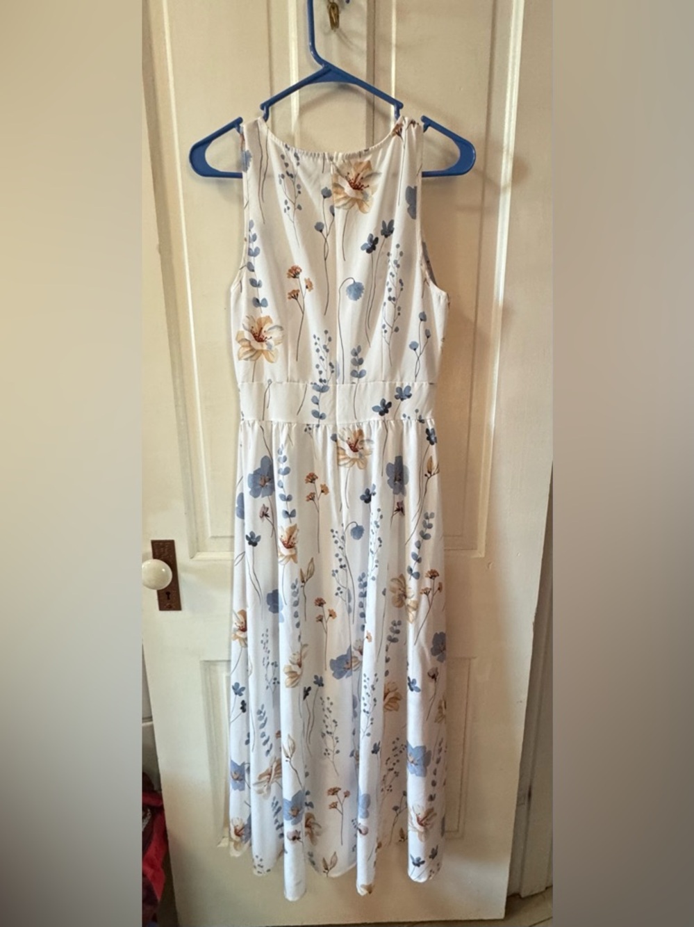 SHEIN White Midi Dress with Blue & Tan Floral Print
